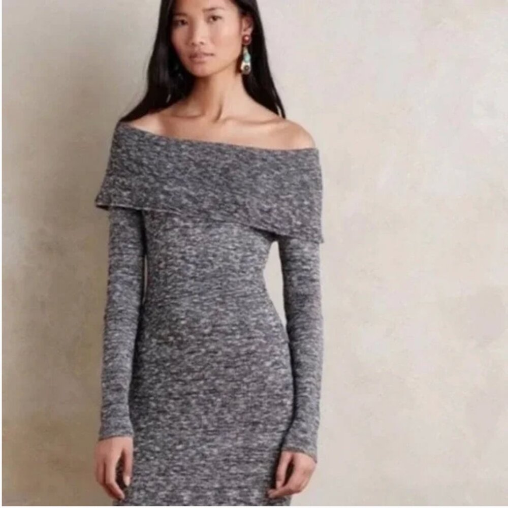 ANTHROPOLOGIE Moth Sweater Dress Off Shoulder Midi Bodycon, Grey, XS, EUC